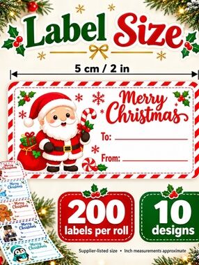 Christmas Gift Labels Roll, 200 Labels, 10 Festive Designs